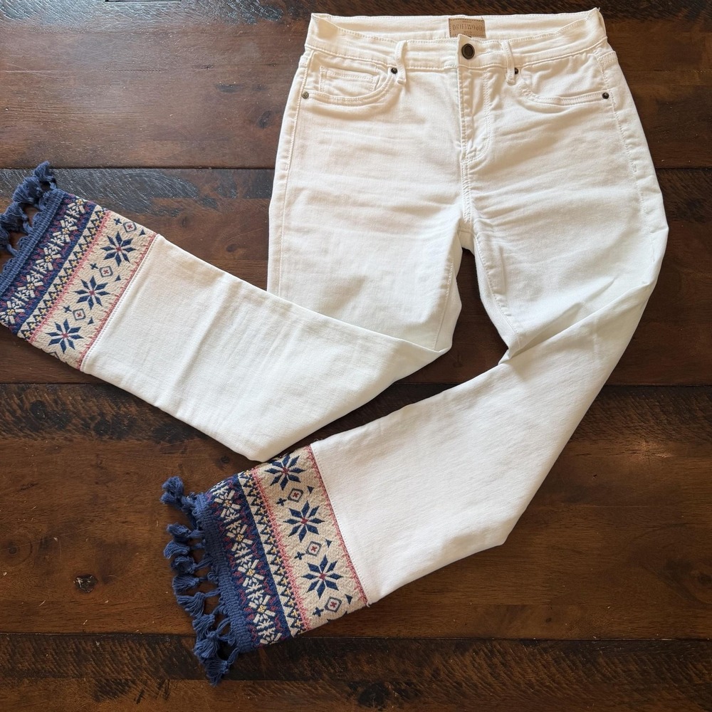 Driftwood Jeans Womens 26 White Colette Straight Embroidered Tassel Hem Denim